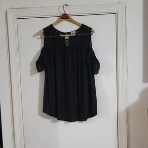 Avenue Black Cold-Shoulder Crochet Yoke Top